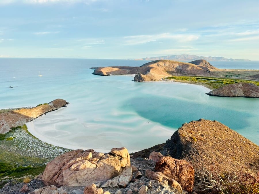 Aerial view of Balandra Bay and its turquoise shallows, La Paz