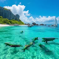 The image features the breathtaking Espiritu Santo Island, showcasing its crystalclear turquoise waters gently lapping against pristine white sandy be