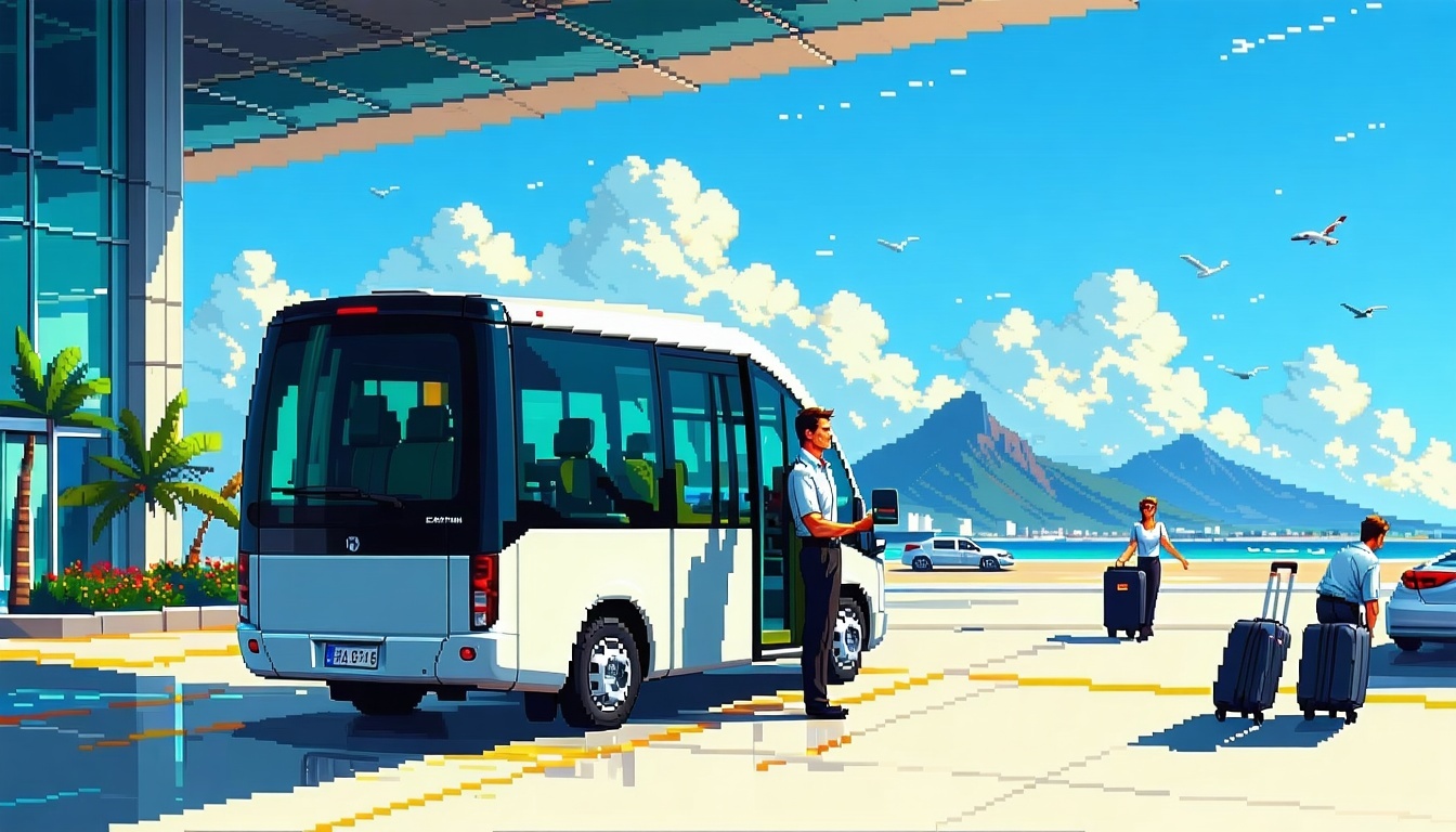 The image features a serene airport transfer scene in Baja California Sur A sleek airconditioned vehicle polished to a shine sits parked outside the modern terminal of Manuel Mrquez de Len International Airport LAP The backdrop showcases the vibrant