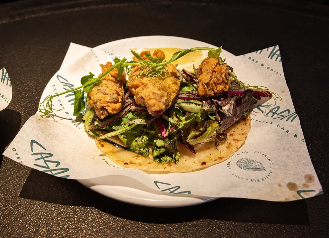 Fried oyster taco with fresh salad at Casamarte, La Paz