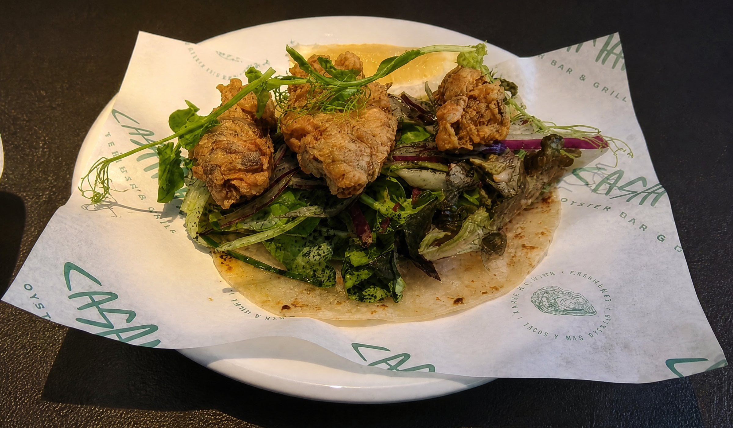 Fried oyster tacos on Casamarte paper, La Paz